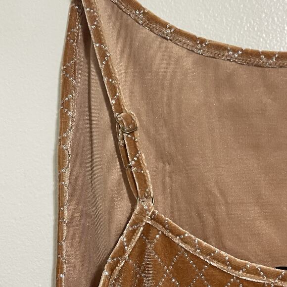 Velvet Diamond Check Print Bodysuit Top Size S Light Brown Metallic Cheeky NEW - Picture 5 of 14